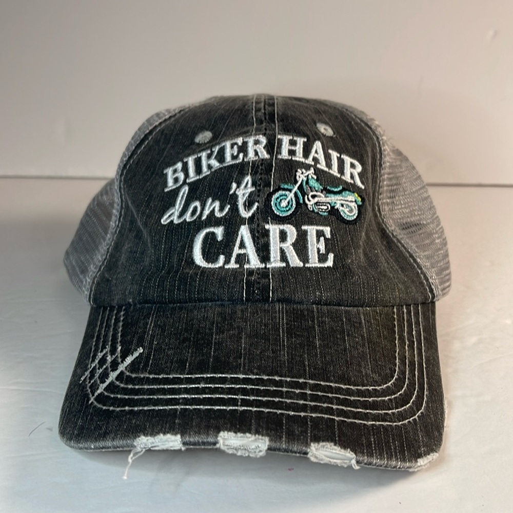 KATYDID “Biker Hair Don’t Care” Distressed Trucker Cap